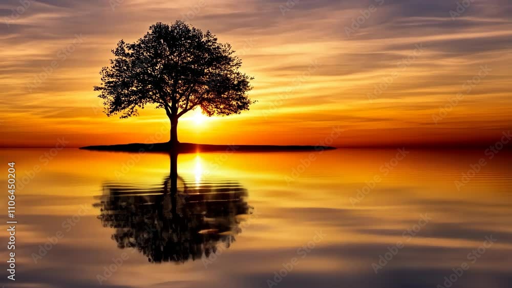Vibrant sunset over calm water with a solitary tree silhouette against a dramatic sky Vibrant sunset over calm water with a solitary tree silhouette against a dramatic sky