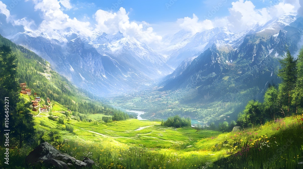 Serene mountain valley landscape with vibrant wildflowers, a river, and snow-capped peaks under a sunny sky. Serene mountain valley landscape with vibrant wildflowers, a river, and snow-capped peaks under a sunny sky.