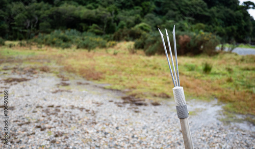 Fishing chrome tool spear trident close up sharp photo