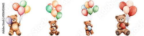 Baby Nursery birthday watercolor clipart, A series of adorable teddy bears holding colorful balloons, each displaying a unique pose and expression.