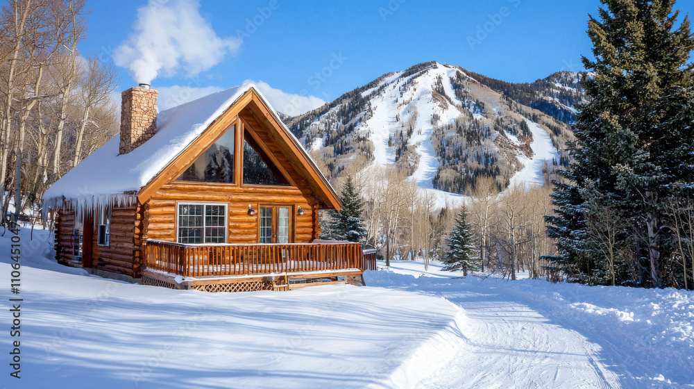 picturesque cabin surrounded by snow covered trees and mountains, with smoke rising from chimney, creating cozy winter atmosphere picturesque cabin surrounded by snow covered trees and mountains, with smoke rising from chimney, creating cozy winter atmosphere