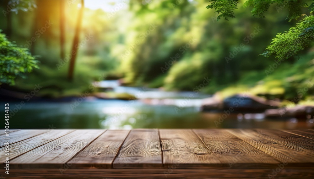 A rustic wooden table in sharp focus, with a blurred background of a peaceful forest A rustic wooden table in sharp focus, with a blurred background of a peaceful forest