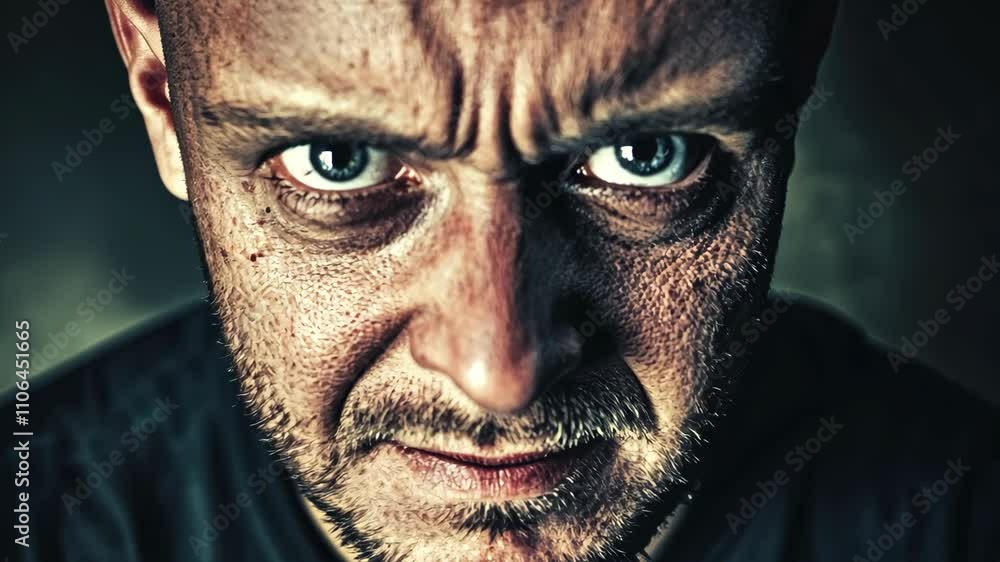 Intense close-up of a man with piercing eyes and a serious expression against a dark background Intense close-up of a man with piercing eyes and a serious expression against a dark background