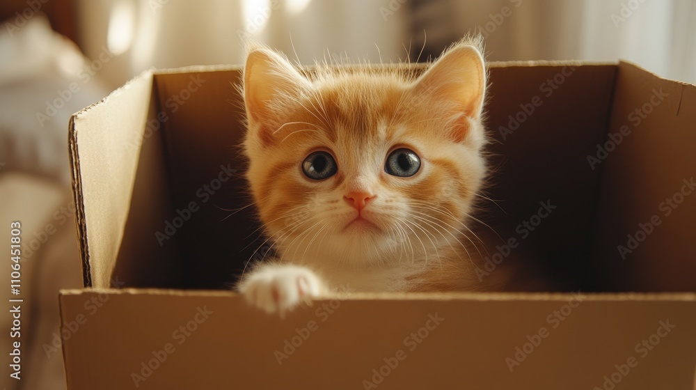 Cute ginger kitten playing in cardboard box Cute ginger kitten playing in cardboard box