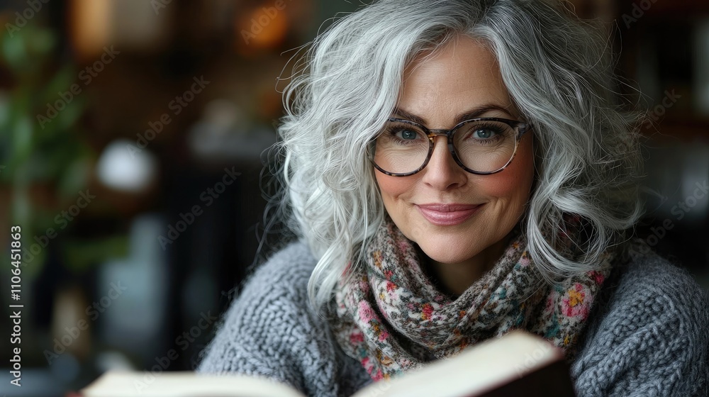 Smiling mature woman reading a book in a cafe Smiling mature woman reading a book in a cafe