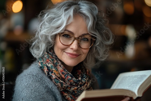 Smiling senior woman reading a book in a cafe