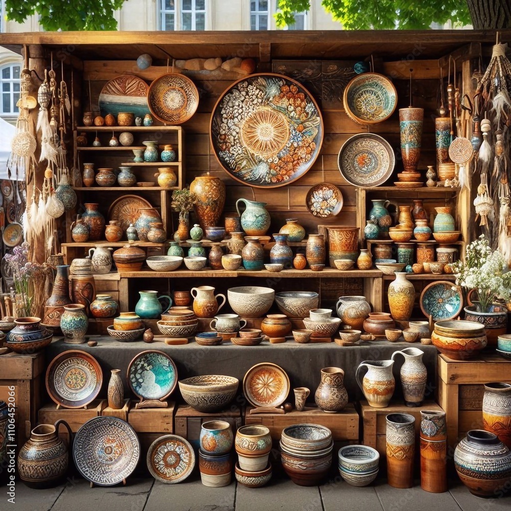 Handcrafted Pottery Stand at a Vibrant Artisan Market Handcrafted Pottery Stand at a Vibrant Artisan Market