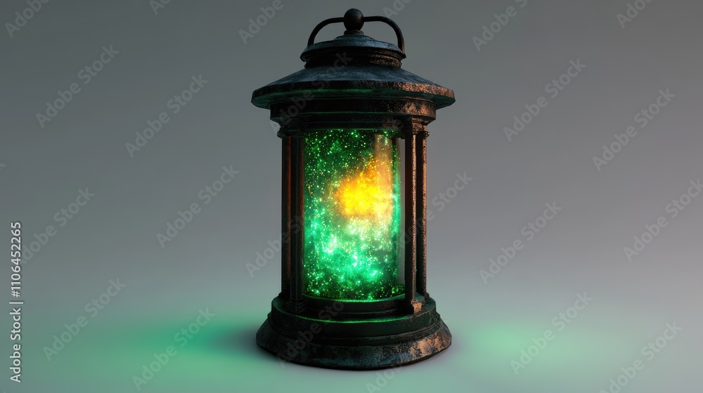 Medieval fantasy lantern glowing with green light on white background Medieval fantasy lantern glowing with green light on white background
