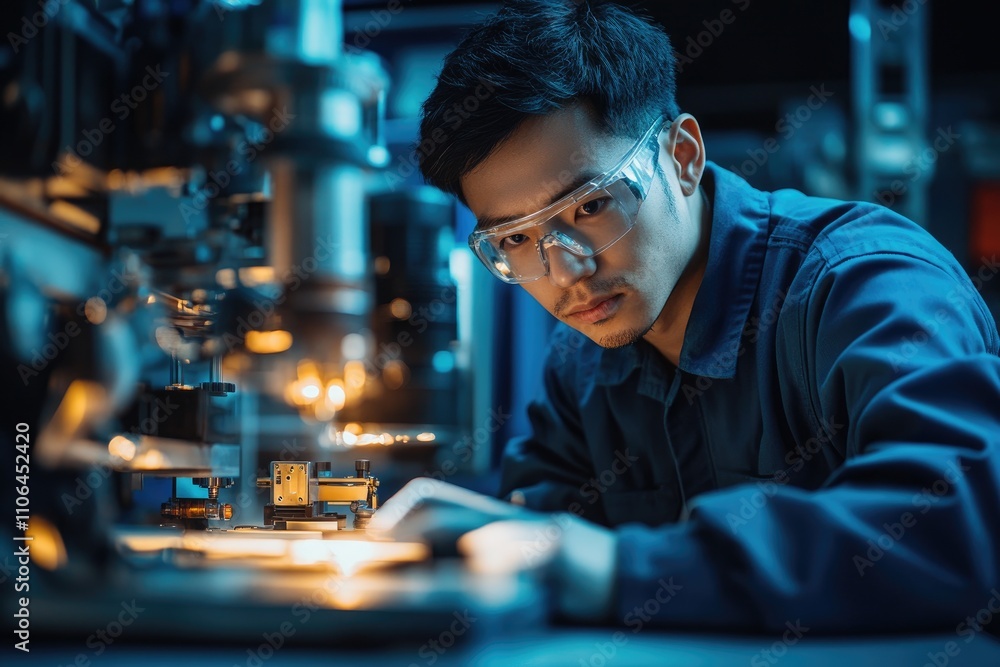East asian engineer working with high-tech equipment in a modern research laboratory East asian engineer working with high-tech equipment in a modern research laboratory