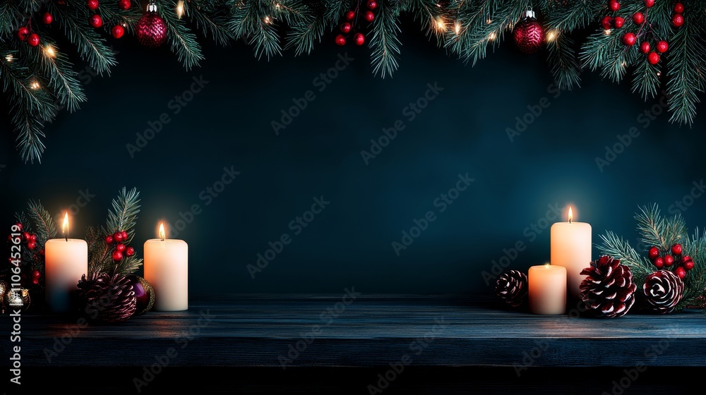 A warm glow fills the room as flickering candles illuminate a festive table adorned with pine cones and vibrant red berries, embodying the spirit of Christmas. A warm glow fills the room as flickering candles illuminate a festive table adorned with pine cones and vibrant red berries, embodying the spirit of Christmas.