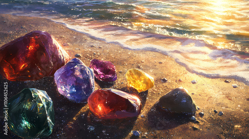 Fantastic colorful gemstones, polish textured sea glass, and shiny stones adorning the seashore. Obsidian. Illustration photo