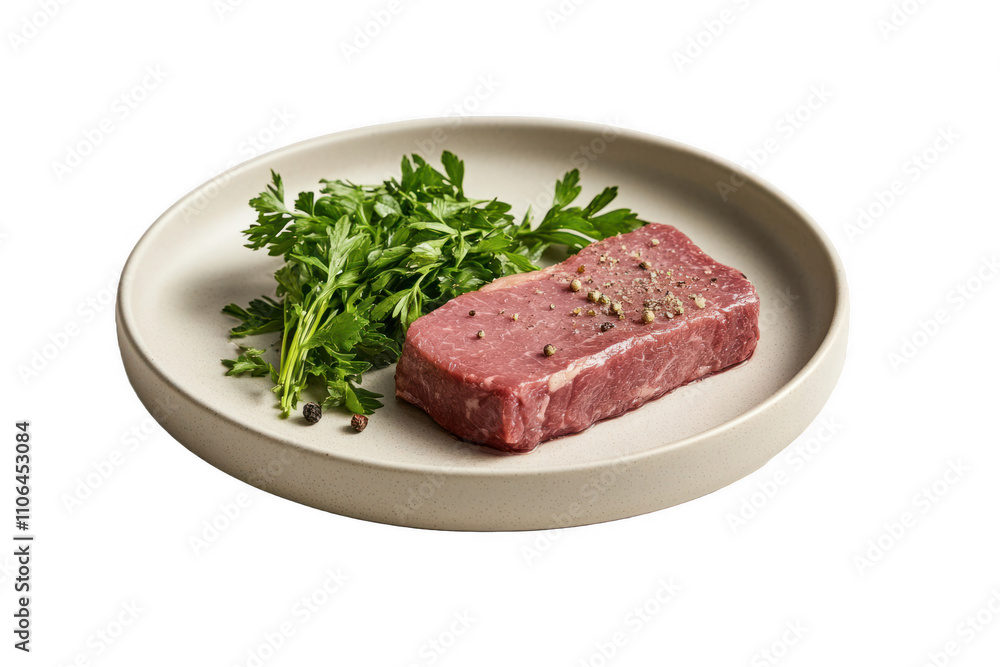 Fresh cut beef steak on a plate with garnish of parsley, ready for preparation in a modern kitchen setting Fresh cut beef steak on a plate with garnish of parsley, ready for preparation in a modern kitchen setting