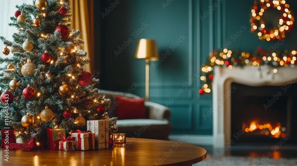 A festive Christmas tree adorned with shimmering ornaments, surrounded by colorful gifts waiting to be unwrapped on a cozy table. A festive Christmas tree adorned with shimmering ornaments, surrounded by colorful gifts waiting to be unwrapped on a cozy table.
