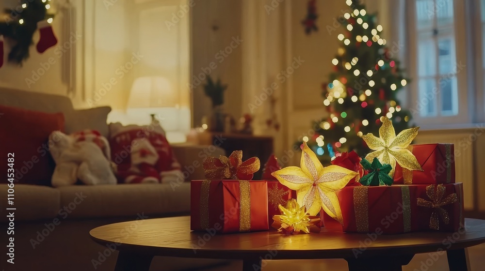 Three beautifully wrapped presents sit on a table, their vibrant colors shining against the backdrop of a twinkling Christmas tree, radiating festive cheer. Three beautifully wrapped presents sit on a table, their vibrant colors shining against the backdrop of a twinkling Christmas tree, radiating festive cheer.