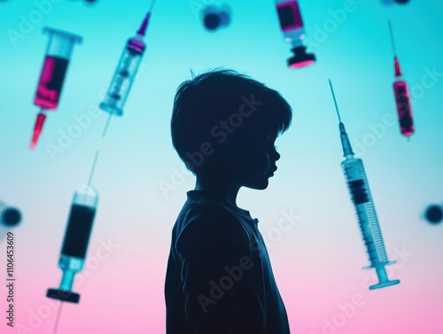 Silhouette of a child surrounded by vaccinations, front view, advocating immunization awareness, scifi tone, analogous color scheme photo