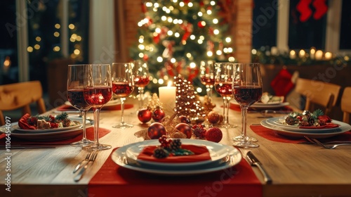 Wallpaper Mural A festive table adorned with sparkling wine glasses and elegant plates, radiating the warmth and joy of a Christmas celebration. Torontodigital.ca