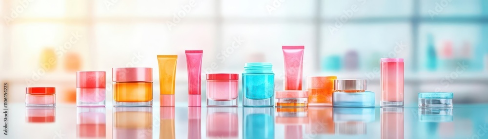Stylish cosmetic packaging mockup with watercolor effects, featuring jars and tubes on reflective glass Stylish cosmetic packaging mockup with watercolor effects, featuring jars and tubes on reflective glass