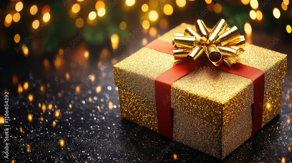 A shimmering gold gift box adorned with a vibrant red ribbon sits elegantly on a festive table, radiating the magic of the Christmas season. A shimmering gold gift box adorned with a vibrant red ribbon sits elegantly on a festive table, radiating the magic of the Christmas season.