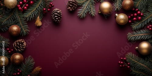 A festive scene features vibrant Christmas decorations, including glimmering ornaments, nestled among lush pine cones and fir branches against a rich red backdrop.