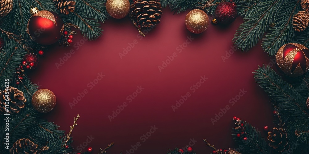 A festive display of vibrant red ornaments and pine cones beautifully arranged against a rich red backdrop, capturing the spirit of Christmas joy and celebration. A festive display of vibrant red ornaments and pine cones beautifully arranged against a rich red backdrop, capturing the spirit of Christmas joy and celebration.
