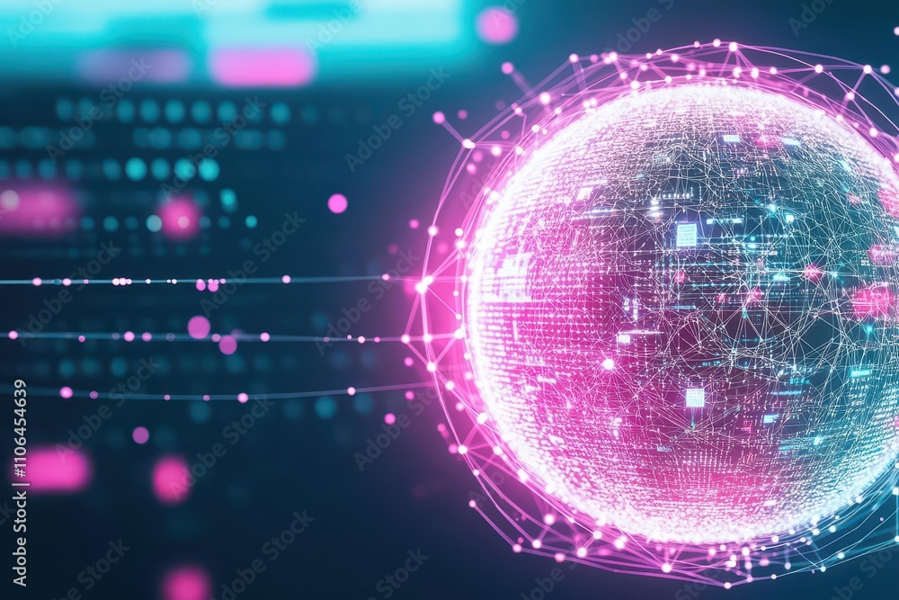 Obraz premium Vibrant sphere of interconnected data nodes, glimmering white and pink tones, side view, radiant glow