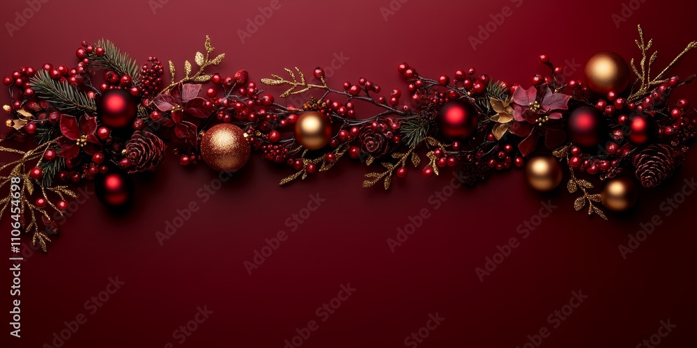 A festive display of red and gold ornaments intertwined with lush greenery, capturing the spirit of Christmas in a vibrant and joyful arrangement. A festive display of red and gold ornaments intertwined with lush greenery, capturing the spirit of Christmas in a vibrant and joyful arrangement.