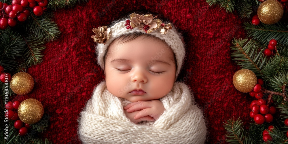 A peaceful baby slumbers in a cozy knitted blanket, adorned with a charming crown, radiating warmth and holiday cheer amidst the festive spirit of Christmas. A peaceful baby slumbers in a cozy knitted blanket, adorned with a charming crown, radiating warmth and holiday cheer amidst the festive spirit of Christmas.
