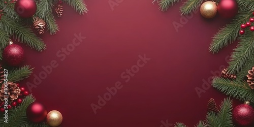 Wallpaper Mural A festive display of vibrant Christmas decorations featuring shiny ornaments and rustic pine cones, all set against a rich red backdrop. Torontodigital.ca