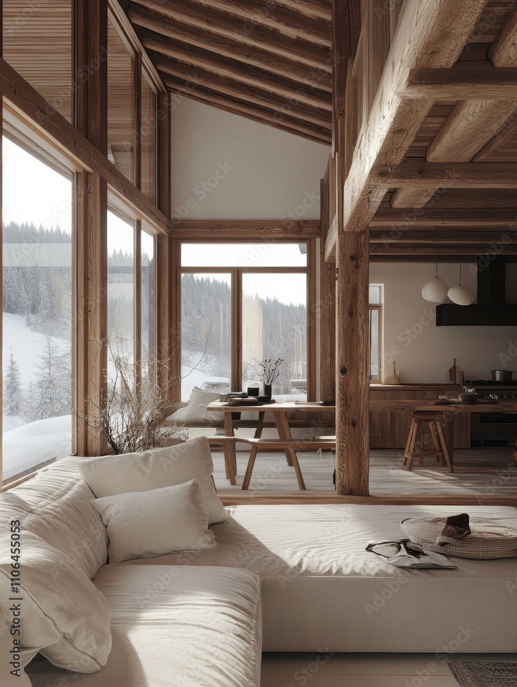 Modern Wooden Cabin Living Room With Snowy View Modern Wooden Cabin Living Room With Snowy View