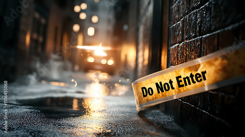 Do Not Enter tape cordoning off dimly lit alleyway, creating sense of mystery and caution. wet pavement reflects light, enhancing atmosphere photo