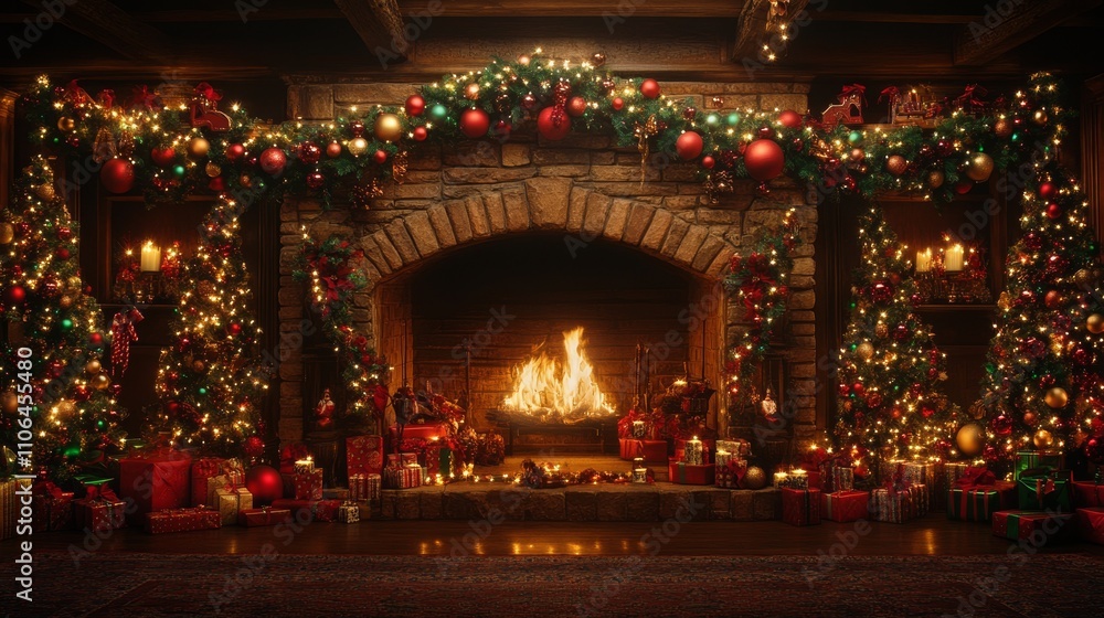 A cozy fireplace adorned with festive Christmas decorations and beautifully wrapped presents, radiating warmth and holiday cheer. A cozy fireplace adorned with festive Christmas decorations and beautifully wrapped presents, radiating warmth and holiday cheer.