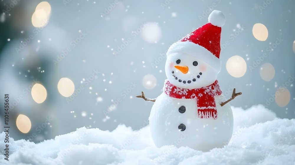 Festive snowman in red hat and scarf, snow falling, bokeh lights. Festive snowman in red hat and scarf, snow falling, bokeh lights.