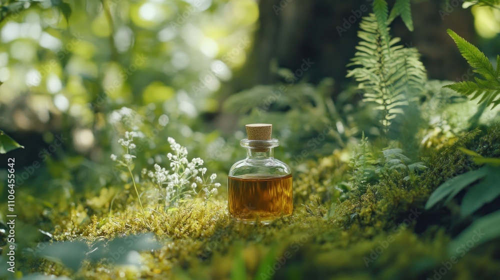 Glass Bottle of Essential Oil in a Lush Forest Setting Glass Bottle of Essential Oil in a Lush Forest Setting