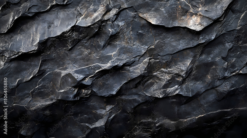 Dark, lustrous obsidian wall in with a reflective surface and edged contours, hinting at unseen mysteries within. Obsidian. Illustration Dark, lustrous obsidian wall in with a reflective surface and edged contours, hinting at unseen mysteries within. Obsidian. Illustration