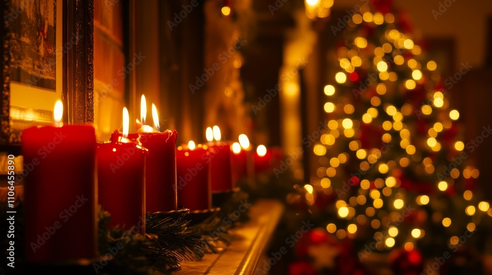 A warm glow fills the room as flickering candles illuminate a beautifully adorned Christmas tree, creating a cozy atmosphere by the window. A warm glow fills the room as flickering candles illuminate a beautifully adorned Christmas tree, creating a cozy atmosphere by the window.