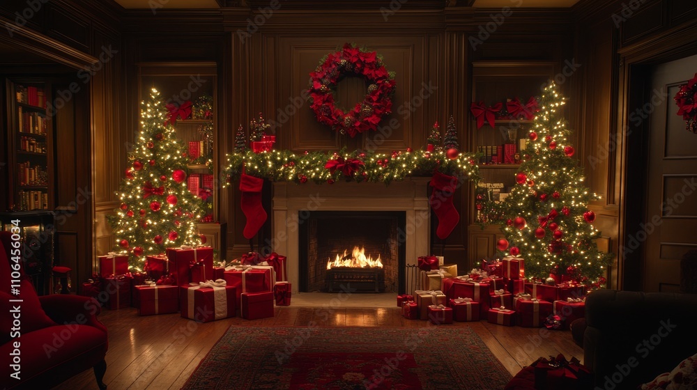 A cozy room adorned with twinkling Christmas lights and festive decorations, featuring a warm fireplace and a beautifully crafted wreath hanging nearby. A cozy room adorned with twinkling Christmas lights and festive decorations, featuring a warm fireplace and a beautifully crafted wreath hanging nearby.