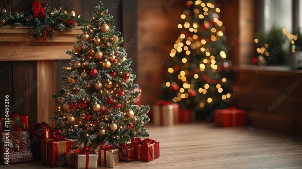 A dazzling Christmas tree adorned with twinkling lights and colorful ornaments stands beside a crackling fireplace, surrounded by beautifully wrapped presents. A dazzling Christmas tree adorned with twinkling lights and colorful ornaments stands beside a crackling fireplace, surrounded by beautifully wrapped presents.