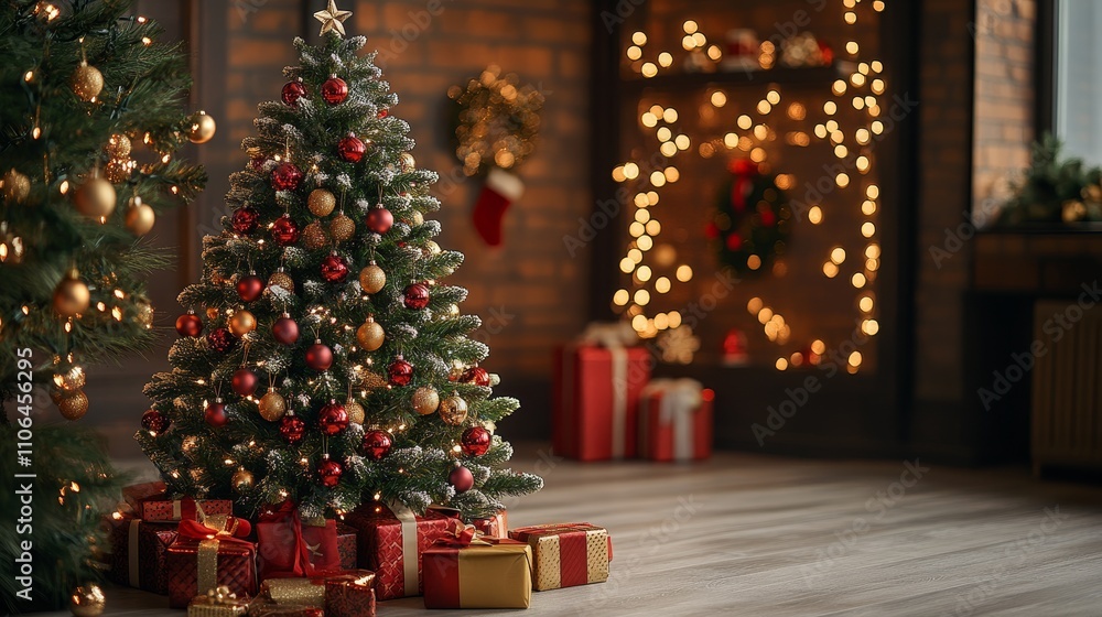 A beautifully adorned Christmas tree sparkles with lights, surrounded by colorful presents resting on a cozy floor beneath a bright window. A beautifully adorned Christmas tree sparkles with lights, surrounded by colorful presents resting on a cozy floor beneath a bright window.