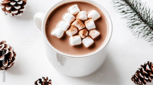 Cozy up with a steaming cup of hot chocolate, topped with fluffy marshmallows, perfect for a festive winterâs night by the crackling fire. photo