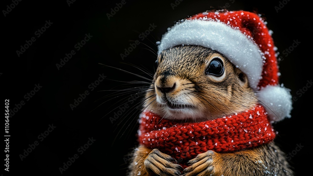 Cute squirrel wearing Santa hat and scarf in festive winter scene, perfect for Christmas and New Year promotions Cute squirrel wearing Santa hat and scarf in festive winter scene, perfect for Christmas and New Year promotions