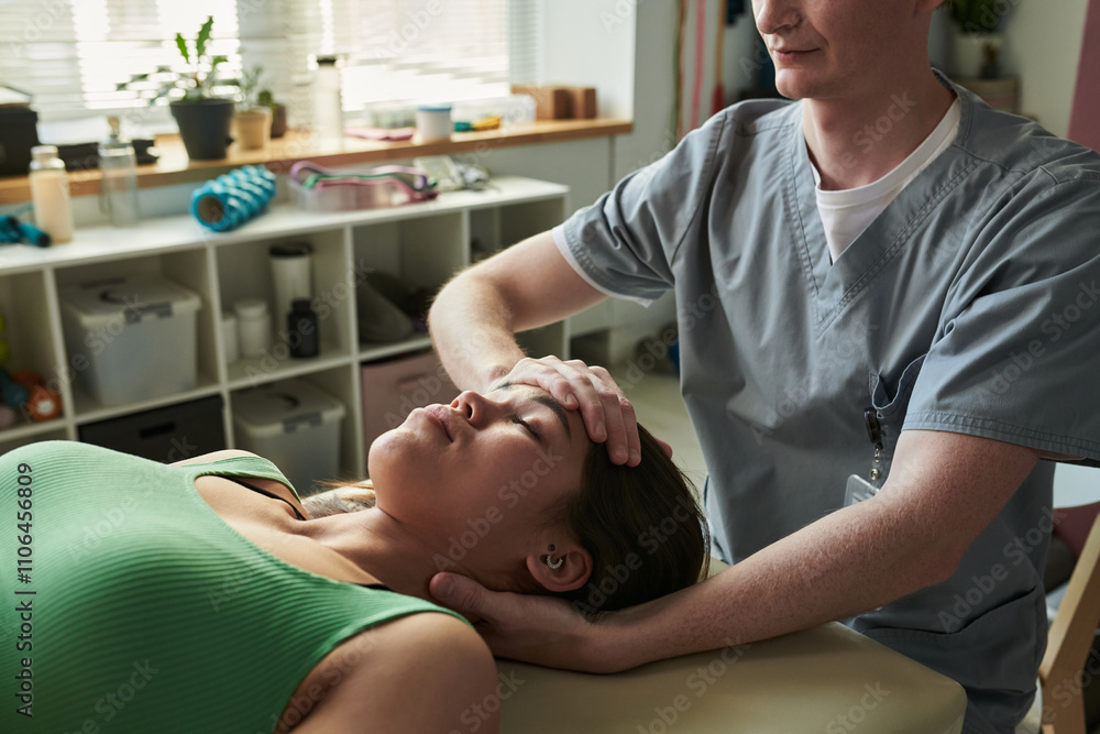 Fototapeta premium Massage therapist providing professional relaxation therapy in clinic setting. Client lying on massage bed while therapist attending soothing massage techniques for relaxation