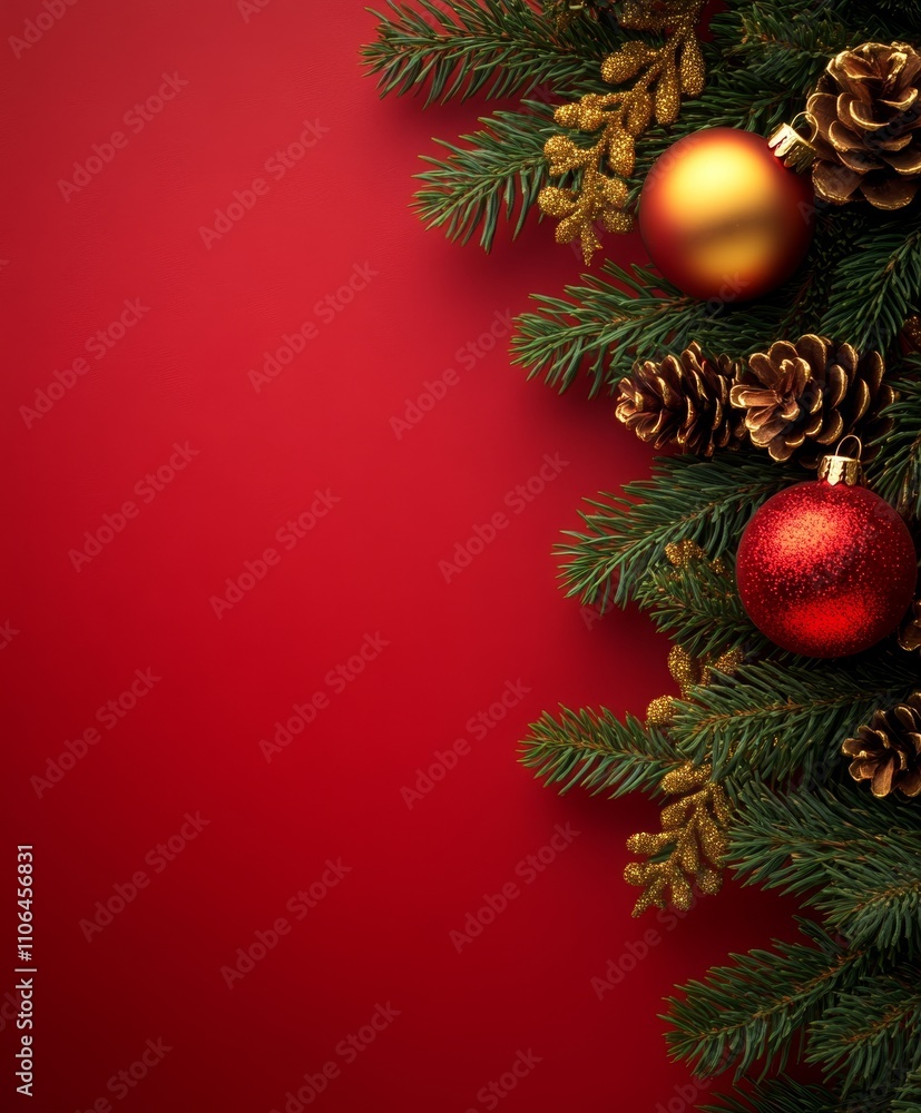 A festive Christmas tree adorned with shimmering red and gold ornaments, nestled among charming pine cones, set against a vibrant red backdrop. A festive Christmas tree adorned with shimmering red and gold ornaments, nestled among charming pine cones, set against a vibrant red backdrop.