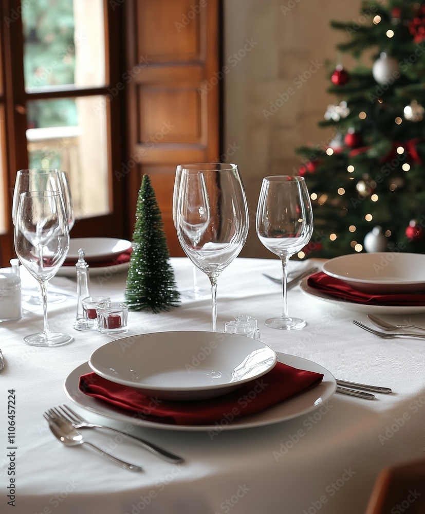 A festive table adorned with elegant wine glasses and plates, surrounded by twinkling lights and a beautifully decorated Christmas tree, exuding holiday cheer. A festive table adorned with elegant wine glasses and plates, surrounded by twinkling lights and a beautifully decorated Christmas tree, exuding holiday cheer.