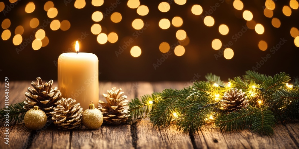A cozy wooden table adorned with shimmering candles and festive decorations, bathed in the warm glow of twinkling lights, evoking holiday cheer. A cozy wooden table adorned with shimmering candles and festive decorations, bathed in the warm glow of twinkling lights, evoking holiday cheer.
