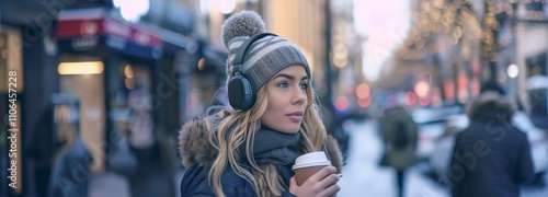 young woman with headphones and cup of coffee on the street in winter or autumn outfit