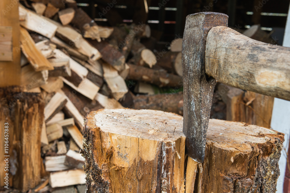 Close up photo of an Axe chopping up firewood. Wood logs in the background. Axe sitting in a log. Close up photo of an Axe chopping up firewood. Wood logs in the background. Axe sitting in a log.