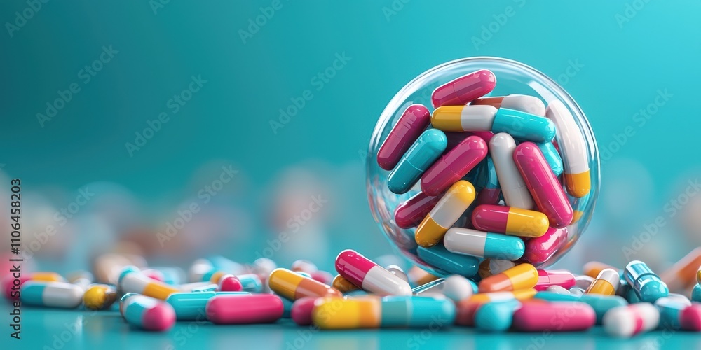 Daily essential vitamins. Colorful capsules in a glass container on a vibrant background. Daily essential vitamins. Colorful capsules in a glass container on a vibrant background.