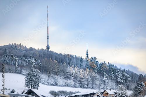 Snowy homes on Uetliberg mountain in Waldegg Switzerland, snowfall near Zurich photo