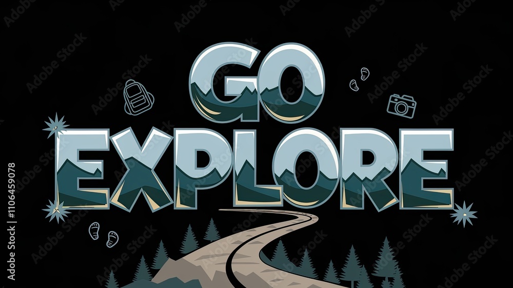 Adventure Typography with Hiking and Photography Elements on Mountainous Backdrop Adventure Typography with Hiking and Photography Elements on Mountainous Backdrop
