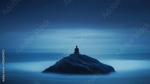 Conceptual image of calm and tranquility, a man sitting in yoga pose on a big rock and looking at sea